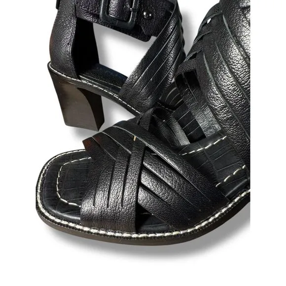 Donald Pliner Junnah Black Leather Strappy‎ Sandals Block Heel Shoes Size 7.5M