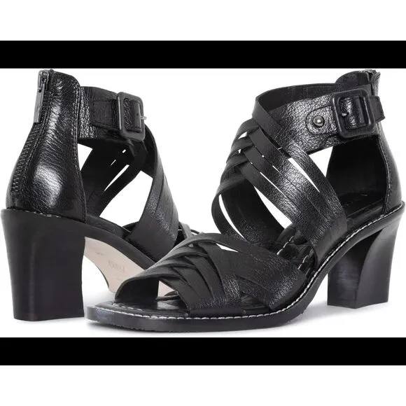 Donald Pliner Junnah Black Leather Strappy‎ Sandals Block Heel Shoes Size 7.5M
