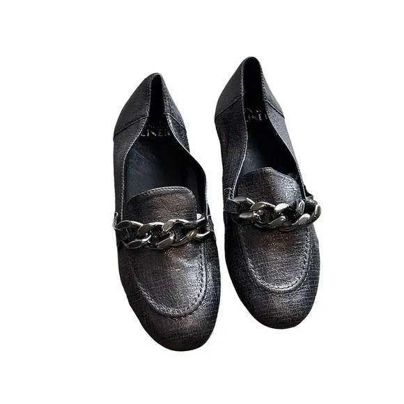 Donald Pliner Nolin Shoes Bethany Chain Loafer Flats Gunmetal Leather Size 5.5