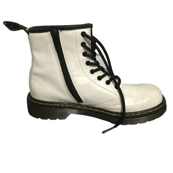 Dr Doc Martens‎ 1460J Combat Boots Youth Size 3 White Leather Lace Up Side Zip