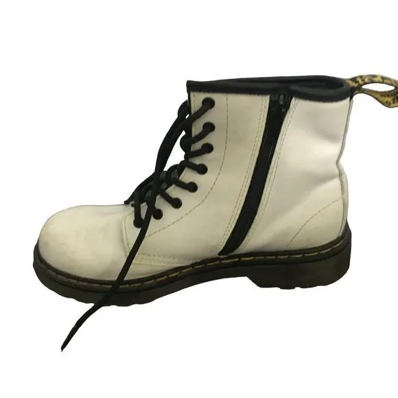 Dr Doc Martens‎ 1460J Combat Boots Youth Size 3 White Leather Lace Up Side Zip