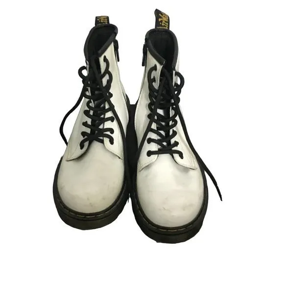 Dr Doc Martens‎ 1460J Combat Boots Youth Size 3 White Leather Lace Up Side Zip