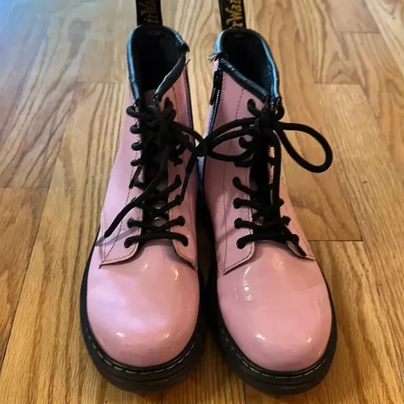 Dr Marten sz 3 youth pink patent leather lace up boots side zip ~puppy bites