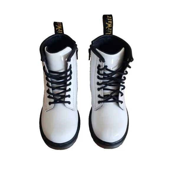 Dr. Martens 1460T White Leather Boots Girls 10 Kids Side Zip Lace Up Combat
