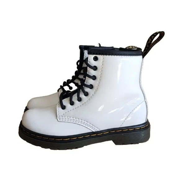 Dr. Martens 1460T White Leather Boots Girls 10 Kids Side Zip Lace Up Combat