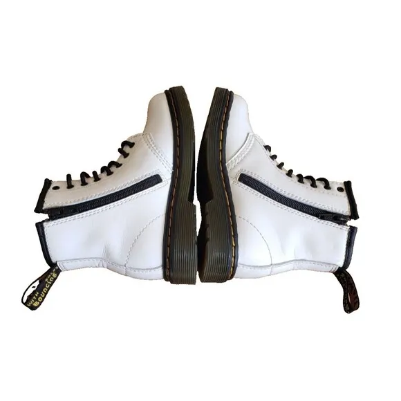 Dr. Martens 1460T White Leather Boots Girls 10 Kids Side Zip Lace Up Combat