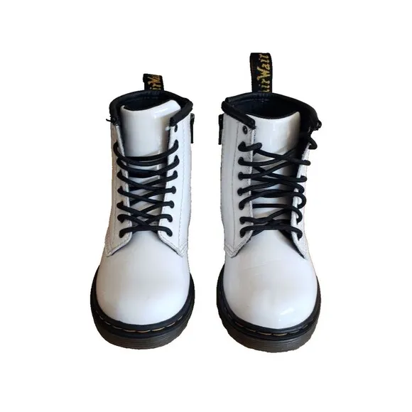 Dr. Martens 1460T White Leather Boots Girls 10 Kids Side Zip Lace Up Combat