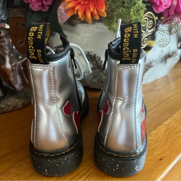 Dr. Martens Boots Metallic Silver w/ Hearts Zipper Side Sz 3 Valentines