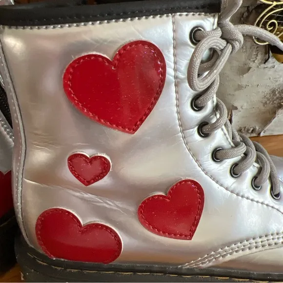 Dr. Martens Boots Metallic Silver w/ Hearts Zipper Side Sz 3 Valentines