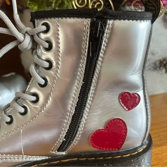 Dr. Martens Boots Metallic Silver w/ Hearts Zipper Side Sz 3 Valentines
