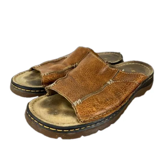 DR MARTENS Brown Leather Slide Sandals
