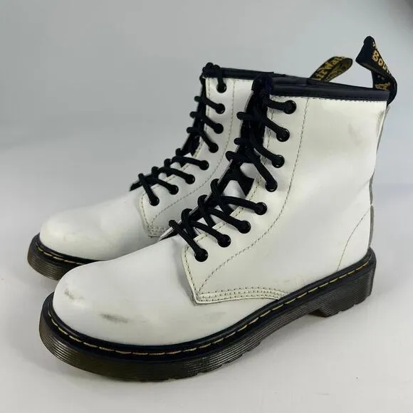 Dr. Martens Combat Boots Youth US 3 Kids Lace Up Side Zip White Leather 1460J