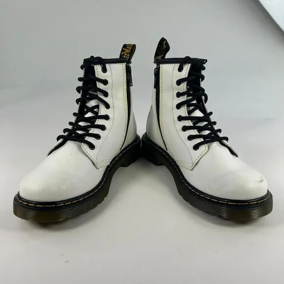 Dr. Martens Combat Boots Youth US 3 Kids Lace Up Side Zip White Leather 1460J