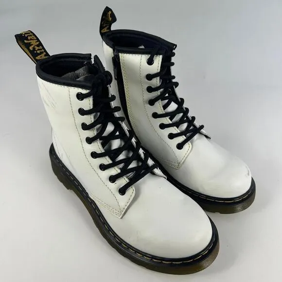 Dr. Martens Combat Boots Youth US 3 Kids Lace Up Side Zip White Leather 1460J
