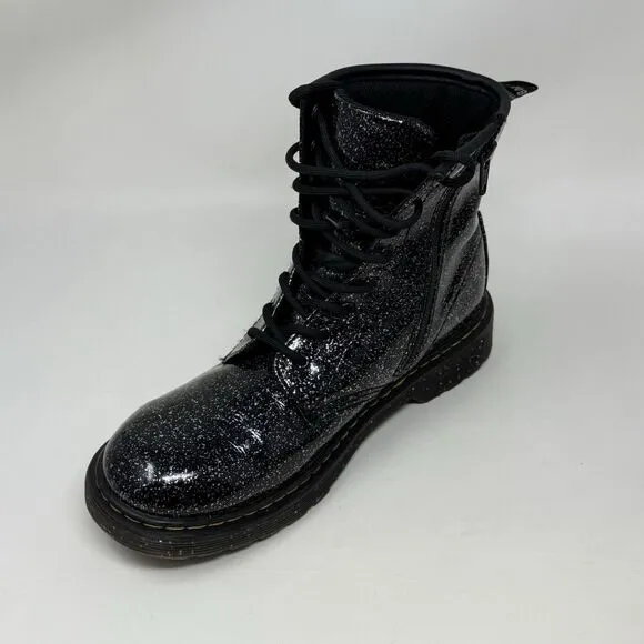Dr Martens Cosmic Glitter Combat Boots Kids Girls Size 6 Black Leather Side Zip