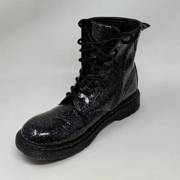 Dr Martens Cosmic Glitter Combat Boots Kids Girls Size 6 Black Leather Side Zip
