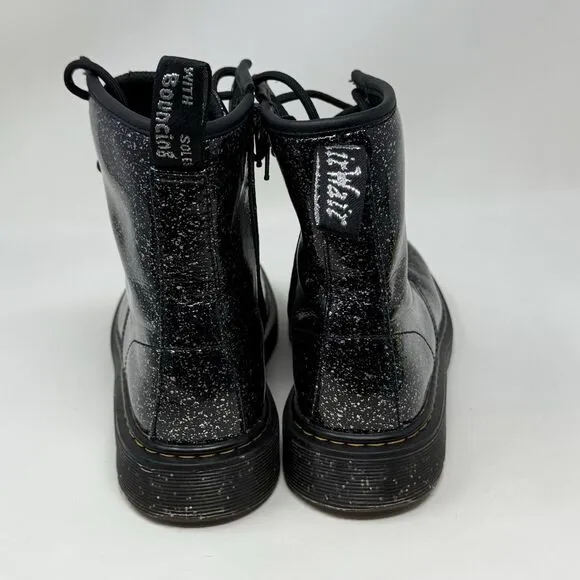Dr Martens Cosmic Glitter Combat Boots Kids Girls Size 6 Black Leather Side Zip