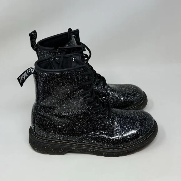 Dr Martens Cosmic Glitter Combat Boots Kids Girls Size 6 Black Leather Side Zip