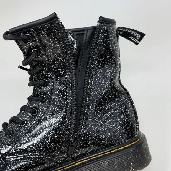 Dr Martens Cosmic Glitter Combat Boots Kids Girls Size 6 Black Leather Side Zip