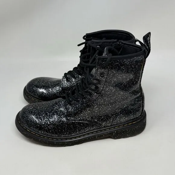 Dr Martens Cosmic Glitter Combat Boots Kids Girls Size 6 Black Leather Side Zip