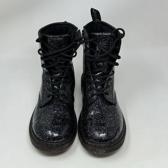 Dr Martens Cosmic Glitter Combat Boots Kids Girls Size 6 Black Leather Side Zip