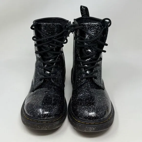 Dr Martens Cosmic Glitter Combat Boots Kids Girls Size 6 Black Leather Side Zip