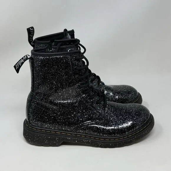 Dr Martens Cosmic Glitter Combat Boots Kids Girls Size 6 Black Leather Side Zip