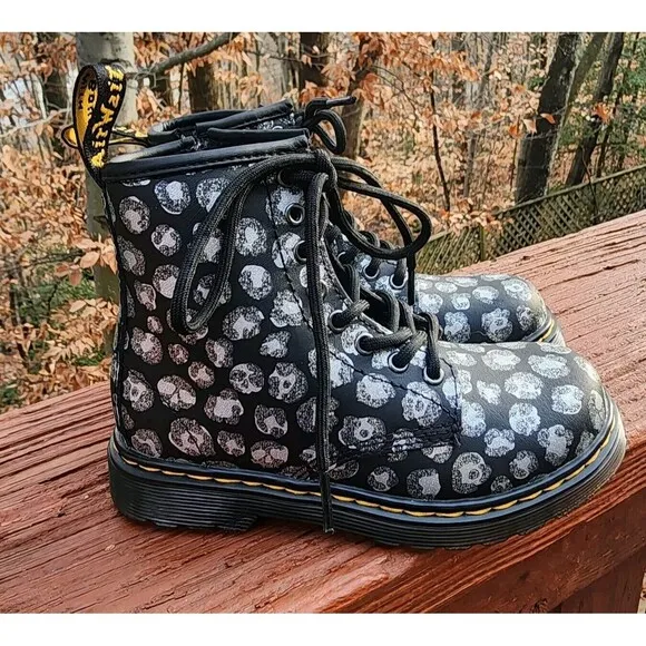 Dr Martens Girls 1460 J Black Leopard Hydro Leather Lace-Up Combat Boots Size 11