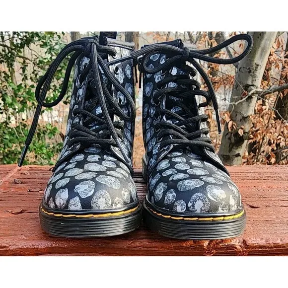 Dr Martens Girls 1460 J Black Leopard Hydro Leather Lace-Up Combat Boots Size 11