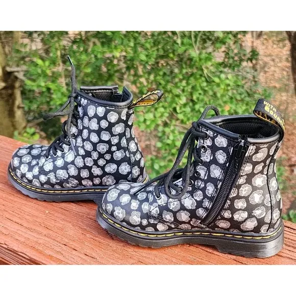 Dr Martens Girls 1460 J Black Leopard Hydro Leather Lace-Up Combat Boots Size 11