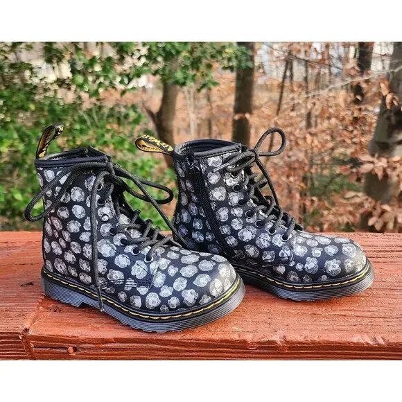 Dr Martens Girls 1460 J Black Leopard Hydro Leather Lace-Up Combat Boots Size 11