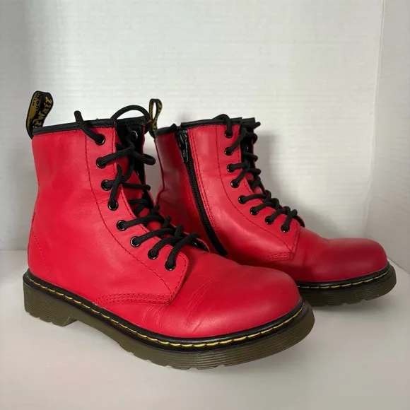 Dr. Martens Kids 1460 J Red‎ Lace Up Boots Side Zip Bouncing Soles Like New Sz 3