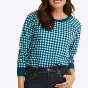 Draper James Natalie Green &amp; White Gingham Print‎ Long Sleeve Sweatshirt Sz M