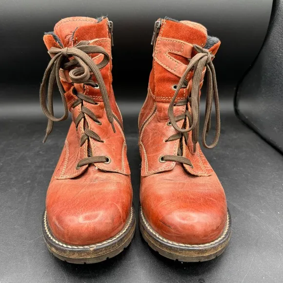 Dromedaris Leather Kara Combat Ankle Boots Side Zip Lace Up Orange Sz 9 EU 40