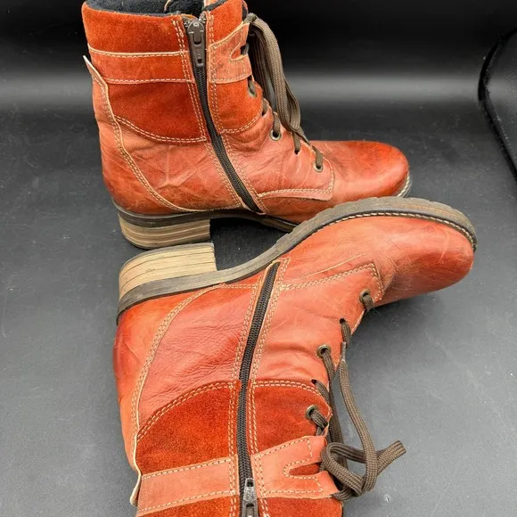 Dromedaris Leather Kara Combat Ankle Boots Side Zip Lace Up Orange Sz 9 EU 40