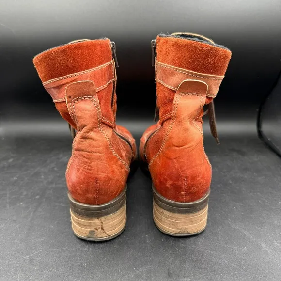 Dromedaris Leather Kara Combat Ankle Boots Side Zip Lace Up Orange Sz 9 EU 40