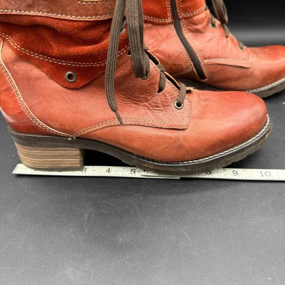 Dromedaris Leather Kara Combat Ankle Boots Side Zip Lace Up Orange Sz 9 EU 40