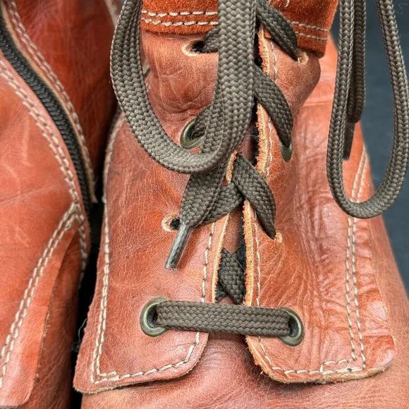 Dromedaris Leather Kara Combat Ankle Boots Side Zip Lace Up Orange Sz 9 EU 40