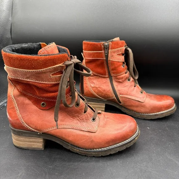 Dromedaris Leather Kara Combat Ankle Boots Side Zip Lace Up Orange Sz 9 EU 40