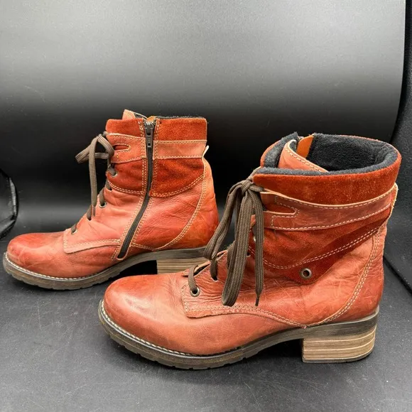 Dromedaris Leather Kara Combat Ankle Boots Side Zip Lace Up Orange Sz 9 EU 40
