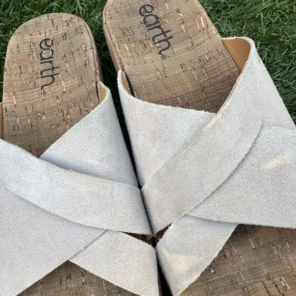 Earth Scout Casual Slip-on Wedge Platform Sandals Cork Suede Beige Summer Slides