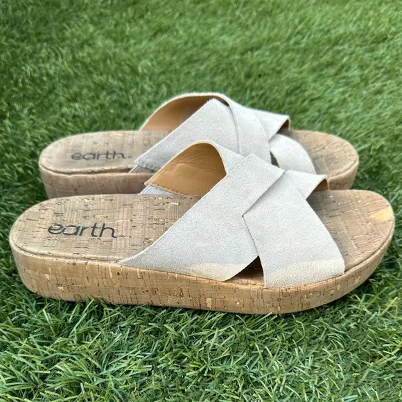 Earth Scout Casual Slip-on Wedge Platform Sandals Cork Suede Beige Summer Slides