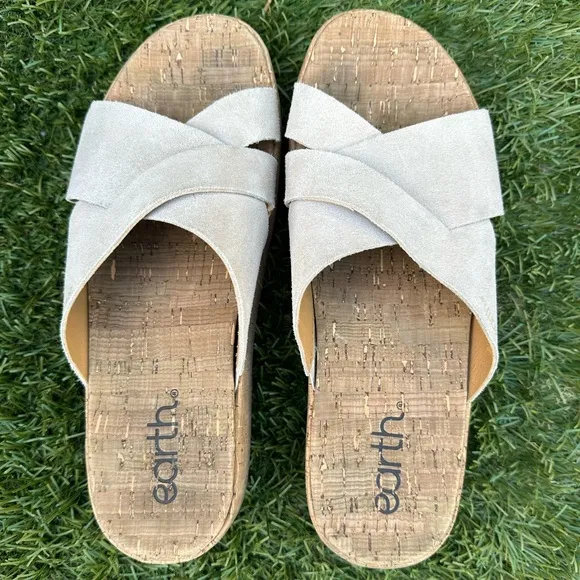 Earth Scout Casual Slip-on Wedge Platform Sandals Cork Suede Beige Summer Slides