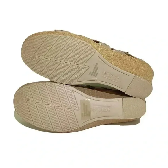 Earth Wedge Sandals Womens 10 41.5 Beige Woodland Sunny Strappy Leather NEW