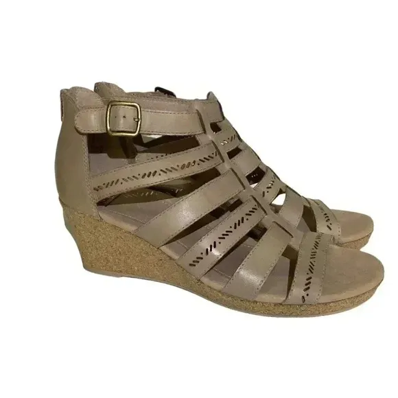 Earth Wedge Sandals Womens 10 41.5 Beige Woodland Sunny Strappy Leather NEW