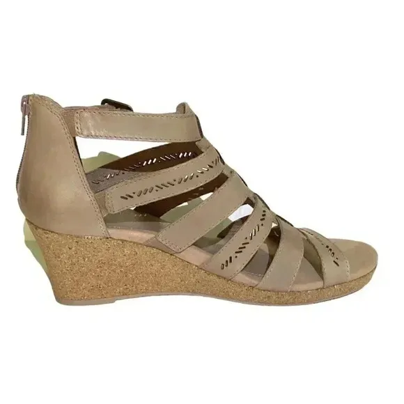 Earth Wedge Sandals Womens 10 41.5 Beige Woodland Sunny Strappy Leather NEW