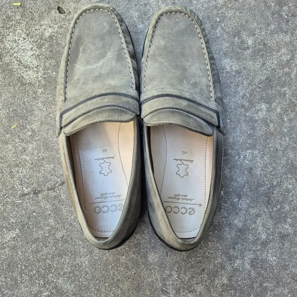 ECCO Gray Waxed Nubuck  Leather Slip On Casual Flats Driving Loafer Size 11/11.5