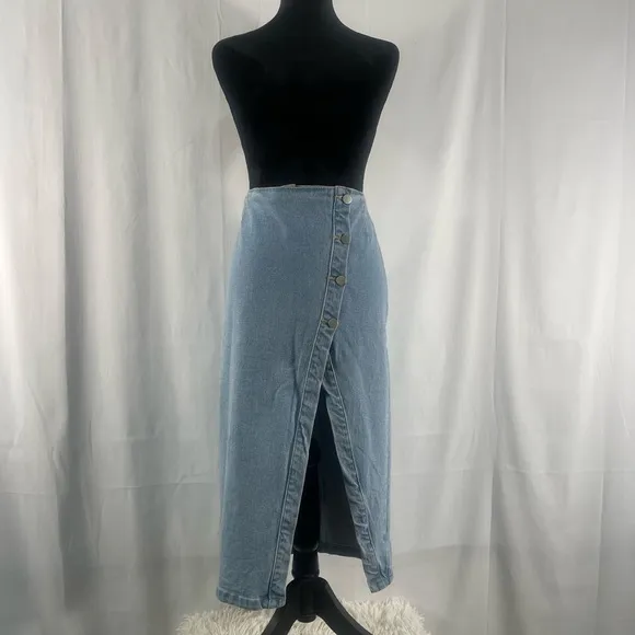 Edit by nine button down denim midi skirt high slit, medium, stretch denim,NWT