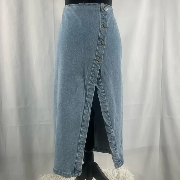 Edit by nine button down denim midi skirt high slit, medium, stretch denim,NWT