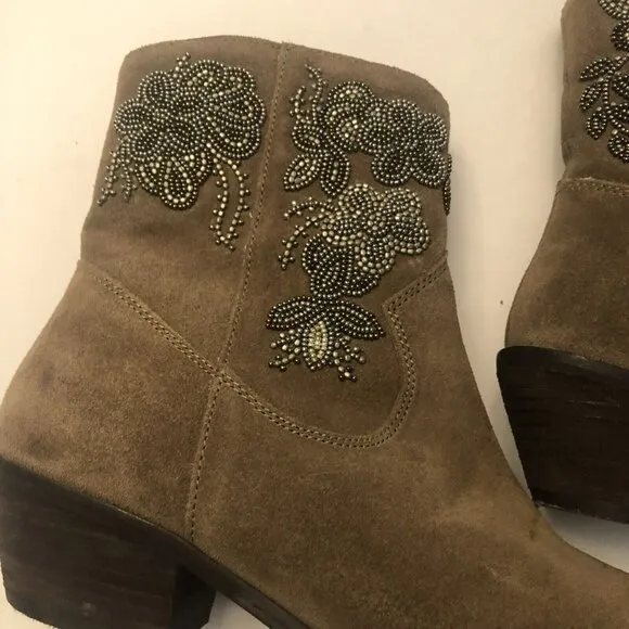 EEUC Anthropologie Floral Suede Brown Western Boots Embellished Beaded 8